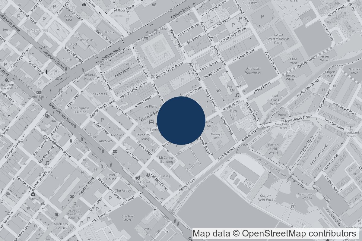 Map showing NMH Costs Lawyers Manchester office at Jactin House, 24 Hood Street, Ancoats